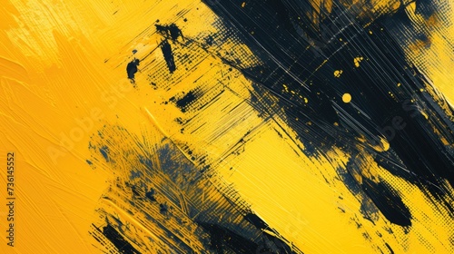 A close-up view of a yellow and black painting. This vibrant artwork can add a pop of color and modern touch to any space