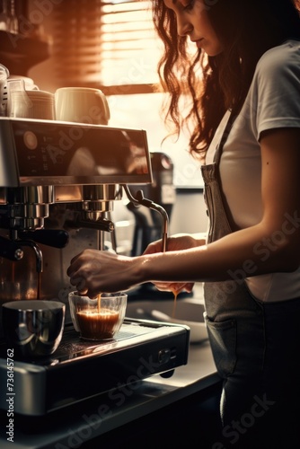 A woman is pictured making a cup of coffee. This image can be used to depict morning routines or coffee preparation.