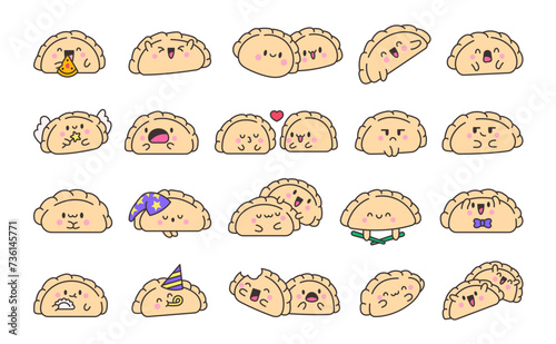 Cute kawaii dumpling. Cartoon Chinese food characters. Hand drawn style. Vector drawing. Collection of design elements.