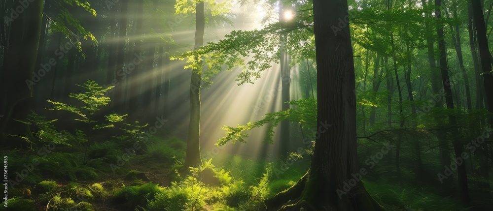 Obraz premium Beautiful rays of sunlight in a green forest