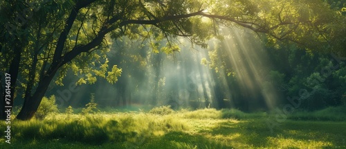 Beautiful rays of sunlight in a green forest © Artem