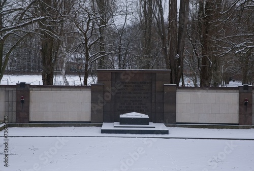 Berlin, Germany - Jan 15, 2024: Soviet War Memorial (Schonholzer Heide). Here rest an estimated 13,200 Soviet soldiers who did not survive to the Battle for Berlin. Cloudy winter day Selective focus photo