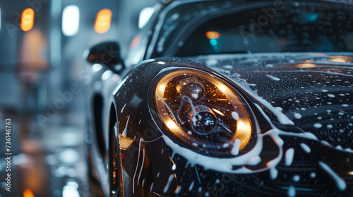 Close-up Detailed View of Black Sports Car Being Washed, Focus on Headlight and Grill Covered in White Soap Suds in Warmly Illuminated Car Wash Facility with Soap Bubbles and Water Droplets © Michael