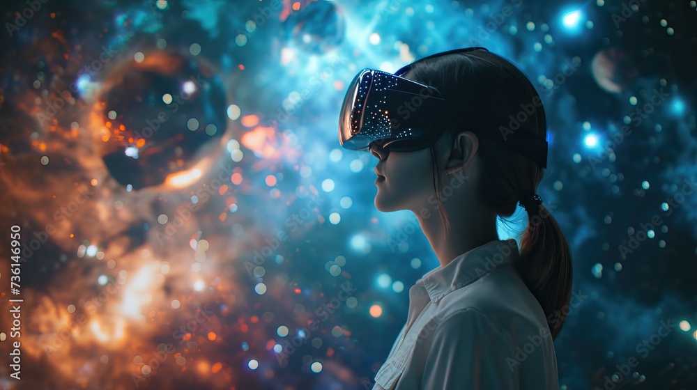 Naklejka premium A woman indulges in a VR experience, delving into a space filled with captivating stars that seem limitless.