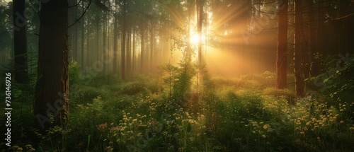 Beautiful rays of sunlight in a green forest © Artem