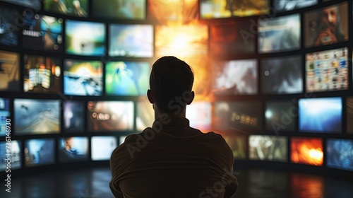 A man stands mesmerized in front of a wall of televisions, immersing himself in the intricate tapestry of parallel universes.
