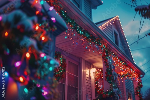 A house adorned with vibrant Christmas lights and garlands, creating a joyful and festive atmosphere. Ideal for holiday-themed designs and decorations