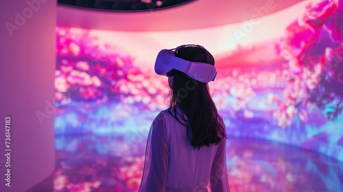 A woman wearing a virtual reality headset stands in front of a vibrant, colorful wall, experiencing a unique digital adventure.