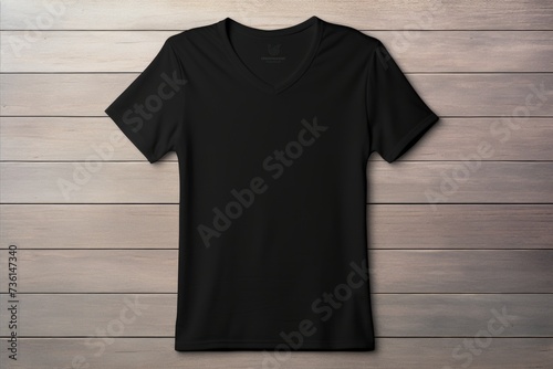 A black t-shirt is hanging on a wooden wall. This versatile image can be used for various purposes