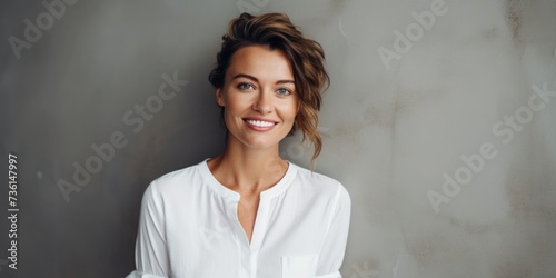 A woman in a white shirt posing for a picture. Suitable for various photography themes photo