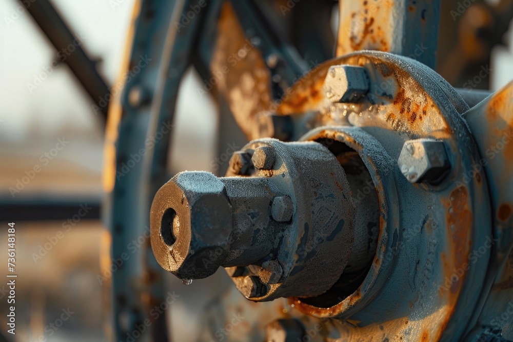 A close-up view of a rusted metal wheel. This image can be used to depict decay, industrial machinery, or vintage elements.