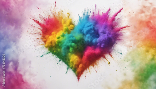 colorful rainbow holi paint color powder explosion heart shape white background scene © Anna