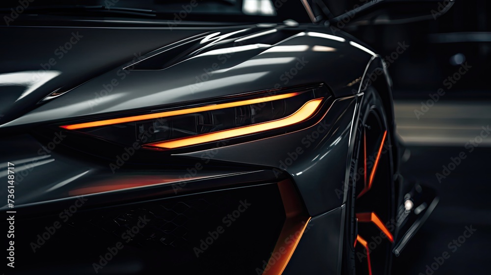 Close up photo of a corner front-end of a futuristic sports car, the car is dark grey, the led lights are burnt orange, the angles are sharp. the lights give off a glow. the image is cinematic, has lo - obrazy, fototapety, plakaty 