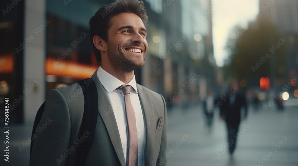 A man wearing a suit and tie is smiling on a city street. This picture can be used to portray success, confidence, professionalism, and urban lifestyle