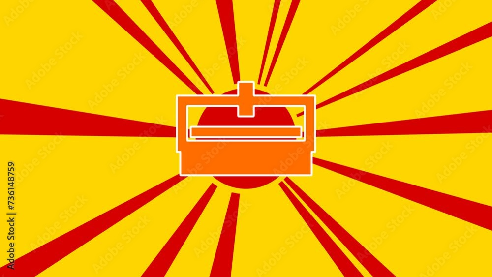 Cnc machine symbol on the background of animation from moving rays of the sun. Large orange symbol increases slightly. Seamless looped 4k animation on yellow background