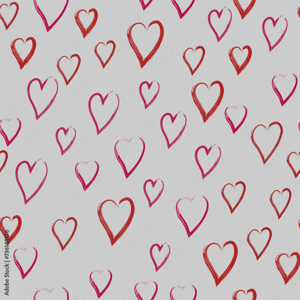 Many red pink hearts irregular repeating. Hearts on grey background. Abstract seamless pattern. Decorative design element painted with brush. Minimalist print for your valentine design projects.
