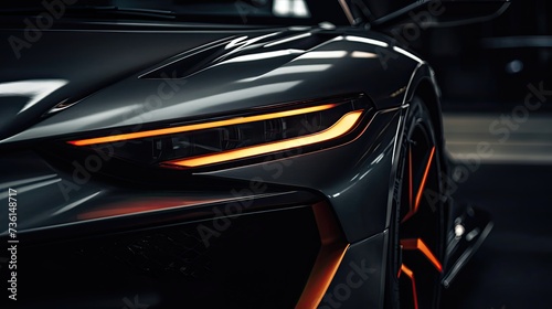 Close up photo of a corner front-end of a futuristic sports car, the car is dark grey, the led lights are burnt orange, the angles are sharp. the lights give off a glow. the image is cinematic, has lo photo