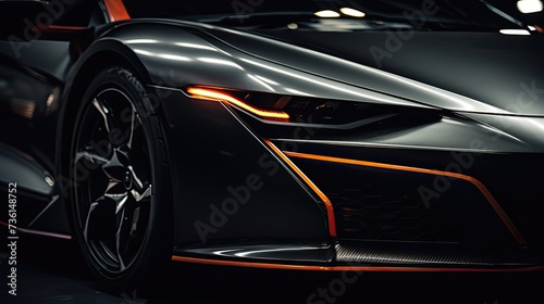 Close up photo of a corner front-end of a futuristic sports car, the car is dark grey, the led lights are burnt orange, the angles are sharp. the lights give off a glow. the image is cinematic, has lo