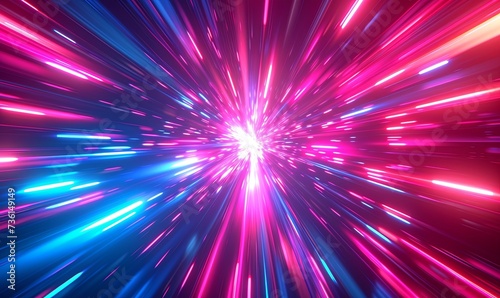 The light burst in the space, in the style of bold lines, vibrant color, futuristic optics, dark pink and blue, light bronze and red, vibrant, neon colors, precisionist lines, neon color palette. photo