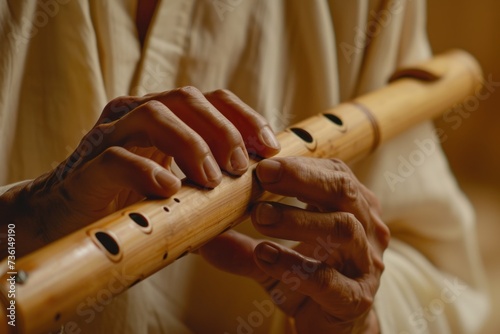 A close up of a person holding a wooden flute. Can be used for music-themed designs and advertisements