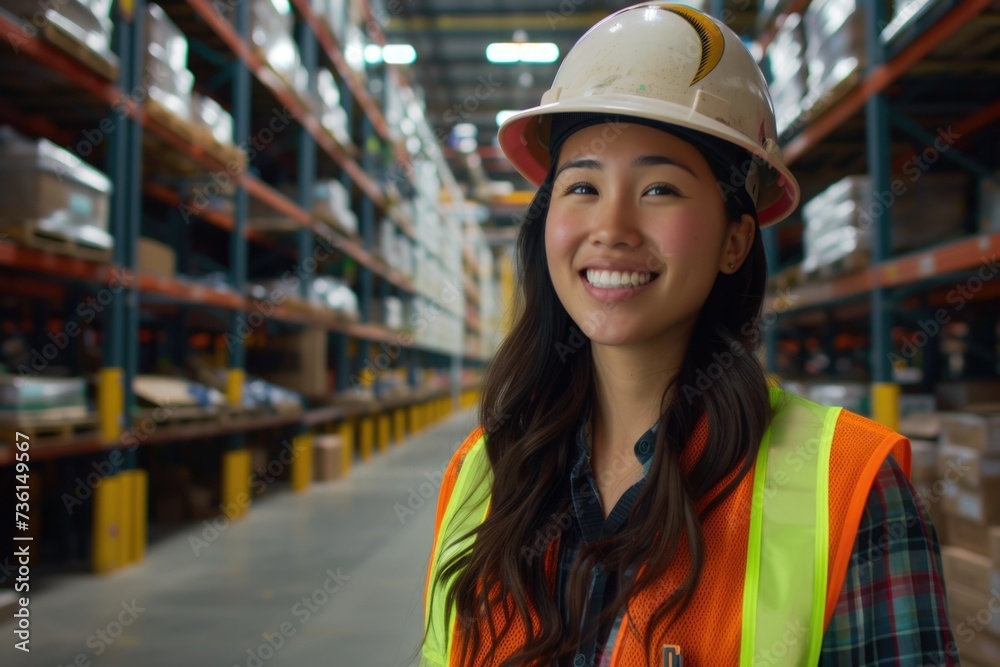 A woman wearing a hard hat in a warehouse. This image can be used to depict industrial work, construction, or safety precautions