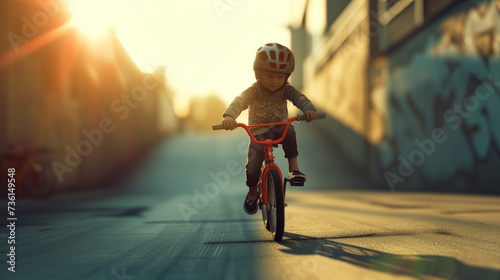 Young boy riding a bicycle on a ramp at an outdoor skate park, person riding a bicycle