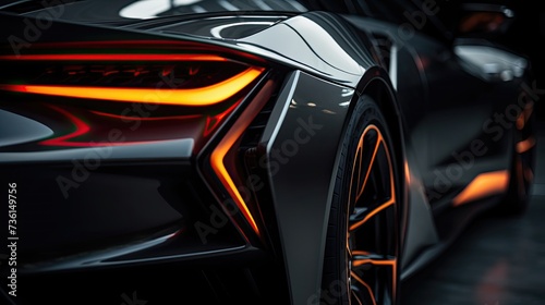 Close up photo of a corner front-end of a futuristic sports car, the car is dark grey, the led lights are burnt orange, the angles are sharp. the lights give off a glow. the image is cinematic, has lo © paisorn
