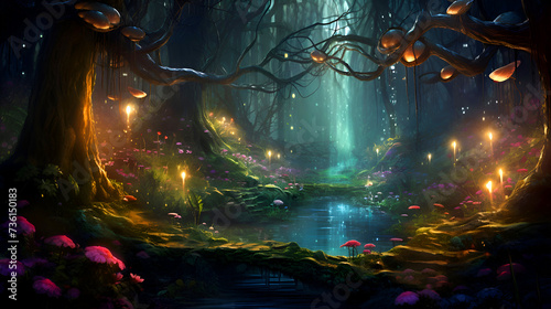 3D rendering of a fantasy forest with trees. fog and lights © Wazir Design