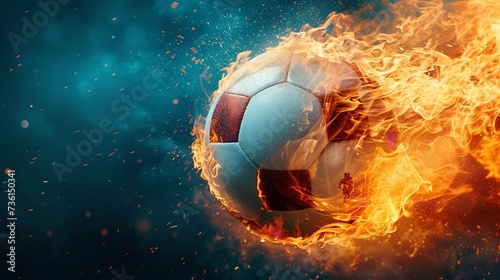 A football or soccer ball with fire showing the extreme speed with a big empty space in dark backdrop, Generative AI.