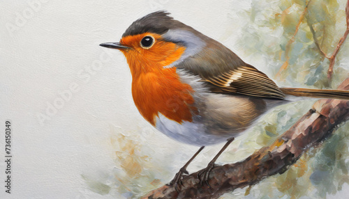 Oil painting of a robin head on pure white background canvas, copyspace on a side © Giuseppe Cammino