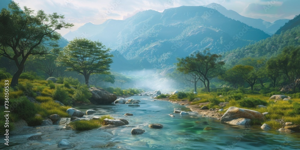 A serene painting of a river flowing through a vibrant green forest. Perfect for nature enthusiasts and those looking for a peaceful and calming atmosphere in their designs