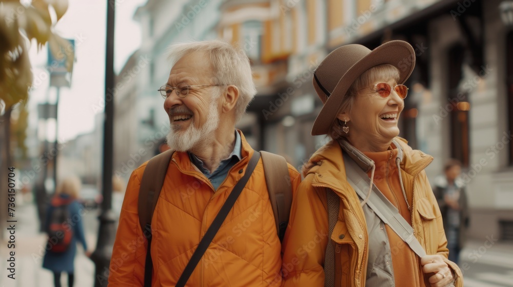 A man and a woman walking together on a street. Suitable for various lifestyle and urban themes