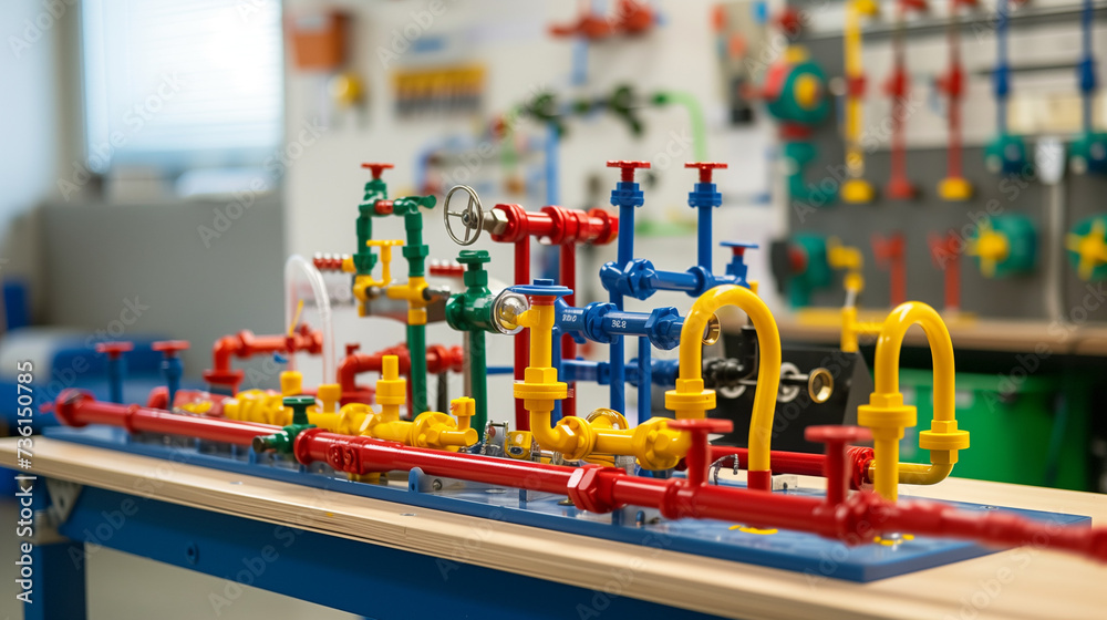 Educational Industrial Setup Displaying Colorful Plumbing and Process Piping on Workbench for Technical Training Purposes - Valves, Red, Green, Yellow, and Blue Pipes Used for Line Identification and 