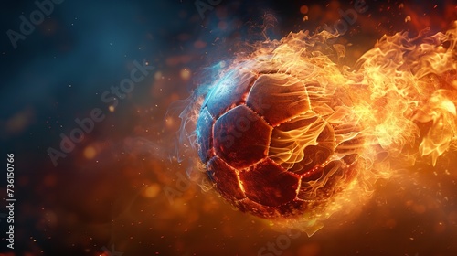 A football or soccer ball with fire showing the extreme speed with a big empty space in dark backdrop, Generative AI.