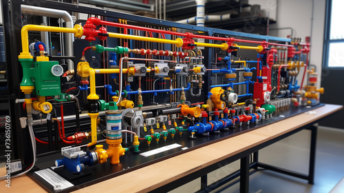 Educational Industrial Setup Displaying Colorful Plumbing and Process Piping on Workbench for Technical Training Purposes - Valves, Red, Green, Yellow, and Blue Pipes Used for Line Identification and  © Michael