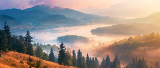 Crédence de cuisine  Misty morning scene of Lacu Rosu lake. Foggy summer sunrise in Harghita County, Romania, Europe. Beauty of nature concept background  © Artem