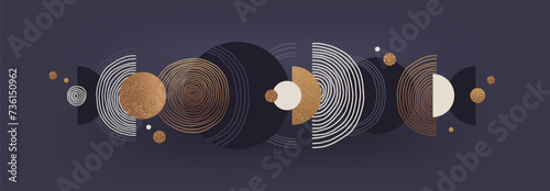 Abstract minimalistic background with circles and semicircle shape. Boho and scandinavian style design template with gold color. Vector design element for card, invitation, poster, header.