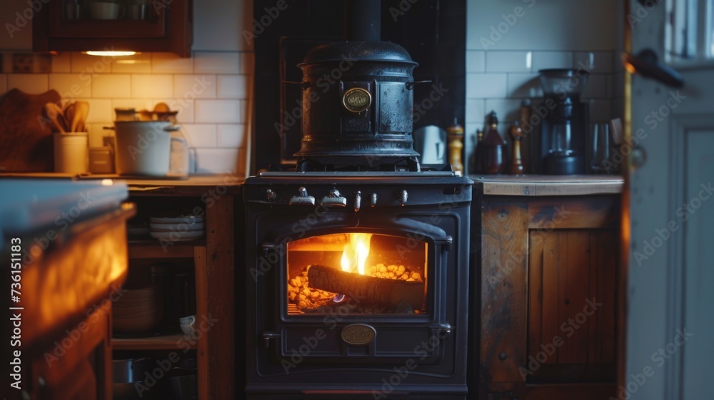 A wood burning stove in a small kitchen. Perfect for cozy and rustic home interiors A wood burning stove in a small kitchen. Perfect for cozy and rustic home interiors