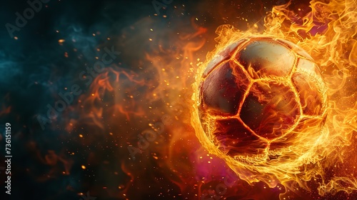 A football or soccer ball with fire showing the extreme speed with a big empty space in dark backdrop, Generative AI. © Electro Unicorn