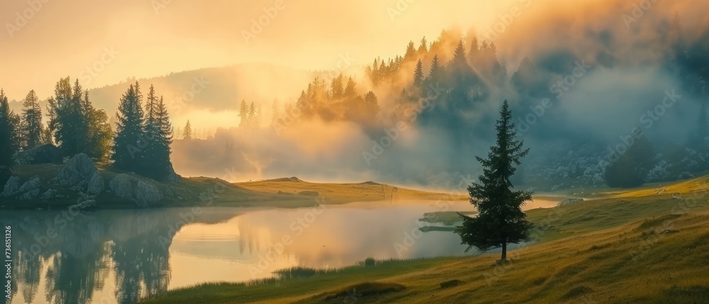 Misty morning scene of Lacu Rosu lake. Foggy summer sunrise in Harghita County, Romania, Europe. Beauty of nature concept background