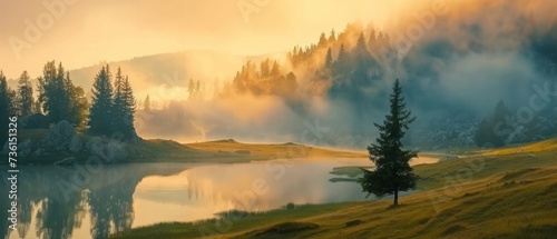 Misty morning scene of Lacu Rosu lake. Foggy summer sunrise in Harghita County, Romania, Europe. Beauty of nature concept background