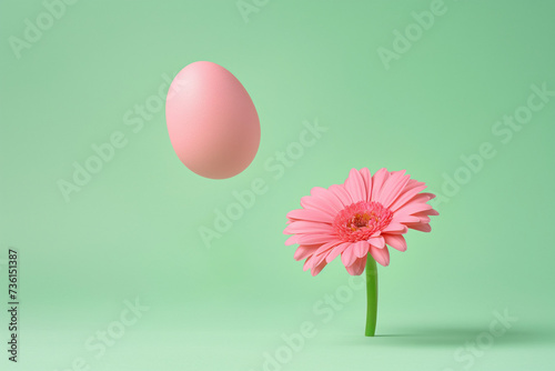 Easter egg and pink daisy flower on green background. Minimal pastel spring concept. Copy space.