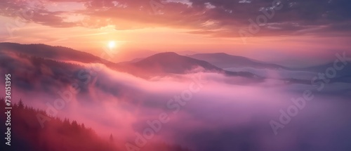 Misty morning scene of Lacu Rosu lake. Foggy summer sunrise in Harghita County, Romania, Europe. Beauty of nature concept background