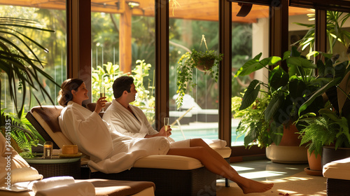 Wallpaper Mural Luxurious Indoor Spa Retreat: Couple in White Bathrobes Enjoying a Serene Moment, Seated on Cushioned Loungers, Sipping Champagne and Relishing in a Warmly Lit Intimate Ambiance with Potted Plants and Torontodigital.ca