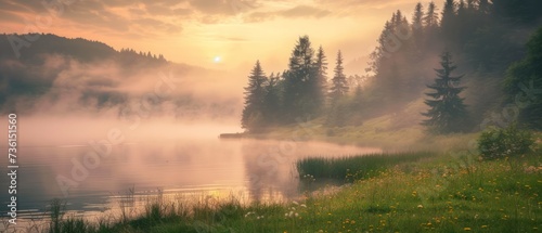 Misty morning scene of Lacu Rosu lake. Foggy summer sunrise in Harghita County, Romania, Europe. Beauty of nature concept background