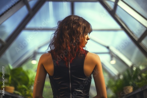 A woman wearing a black leather dress stands confidently in a greenhouse. This image can be used to showcase fashion, style, and individuality in an unexpected setting