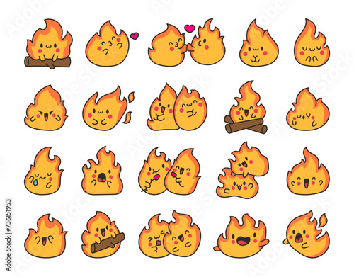 Cute kawaii little fire. Cartoon flame characters. Hand drawn style. Vector drawing. Collection of design elements.