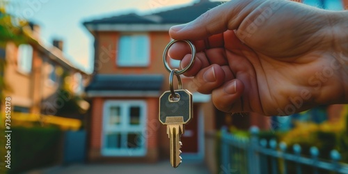 A hand holding a bunch of keys in front of a house. Can be used for real estate, home ownership, or moving-related themes