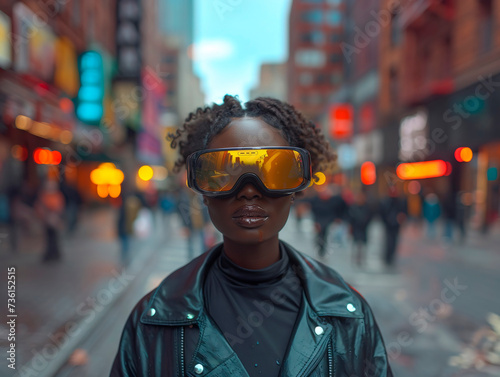 Dark-skinned girl wearing virtual reality goggles on a winter street in the city. Generative AI