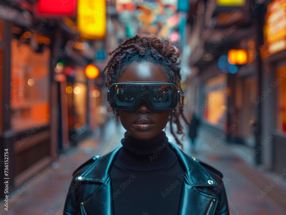 Dark-skinned girl wearing virtual reality goggles on a winter street in the city. Generative AI Dark-skinned girl wearing virtual reality goggles on a winter street in the city. Generative AI